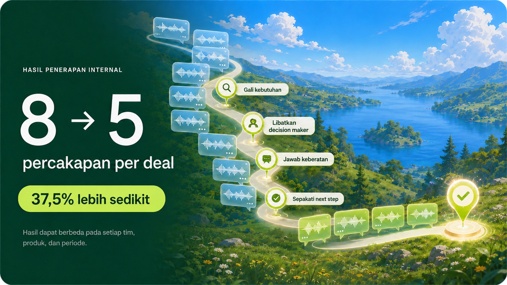 Infografik hasil penerapan internal yang menunjukkan rata-rata percakapan per deal turun dari 8 menjadi 5 atau 37,5% lebih sedikit.