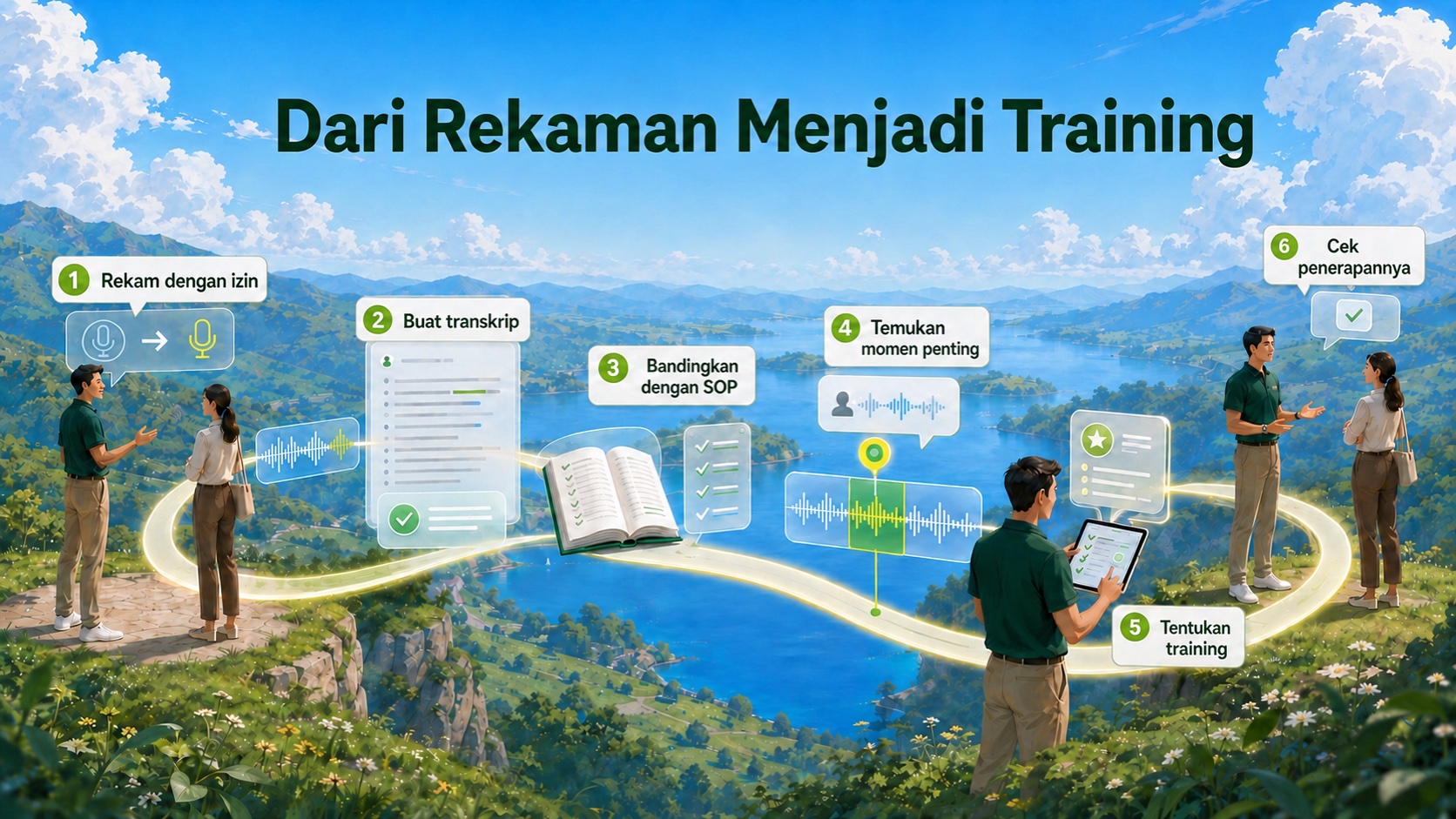 Infografik enam langkah dari rekaman percakapan berizin hingga manajer memeriksa penerapan training pada percakapan berikutnya.